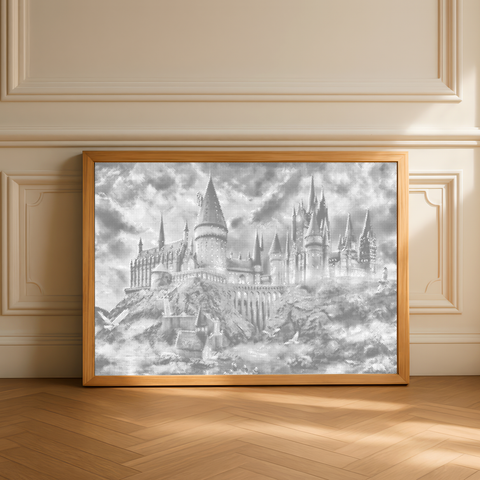 Château de Poudlard dans le brouillard • Peinture par points
