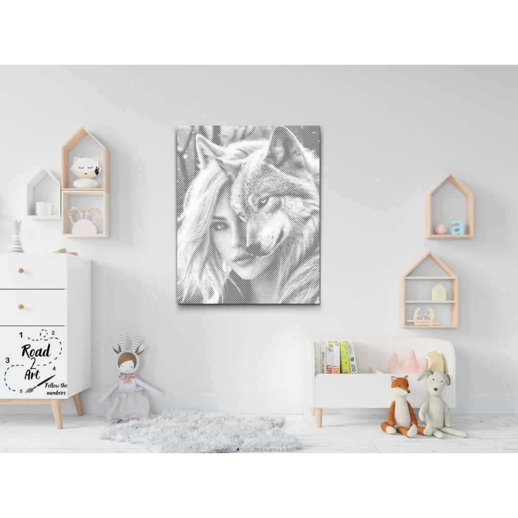 Frau & Wolf Doppelporträt – Punktmalerei Leinwand