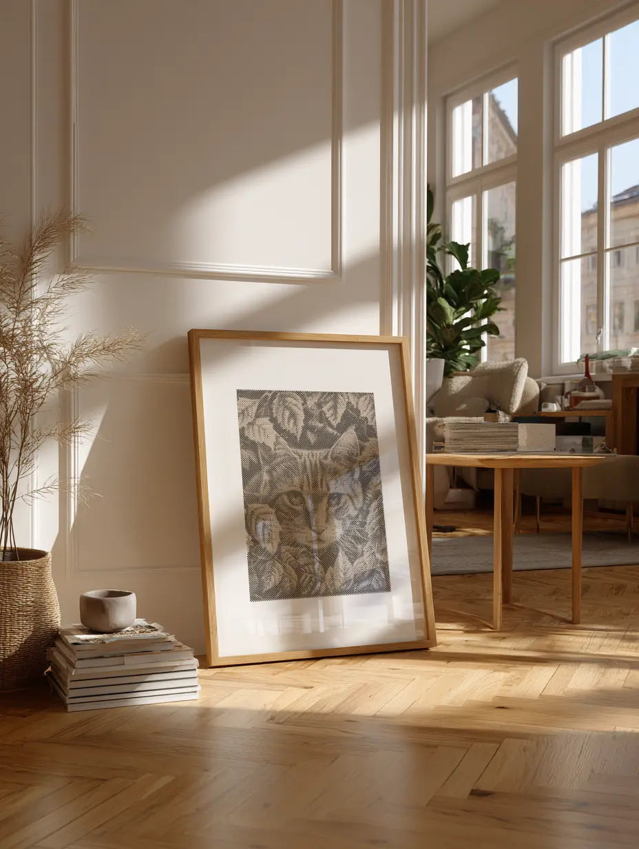 Chat jouant avec les feuilles • Peinture par points