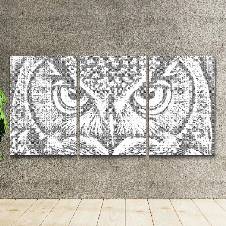 Weisheit der Eule – Dreiteiliges Dot Painting mit Eulenblick