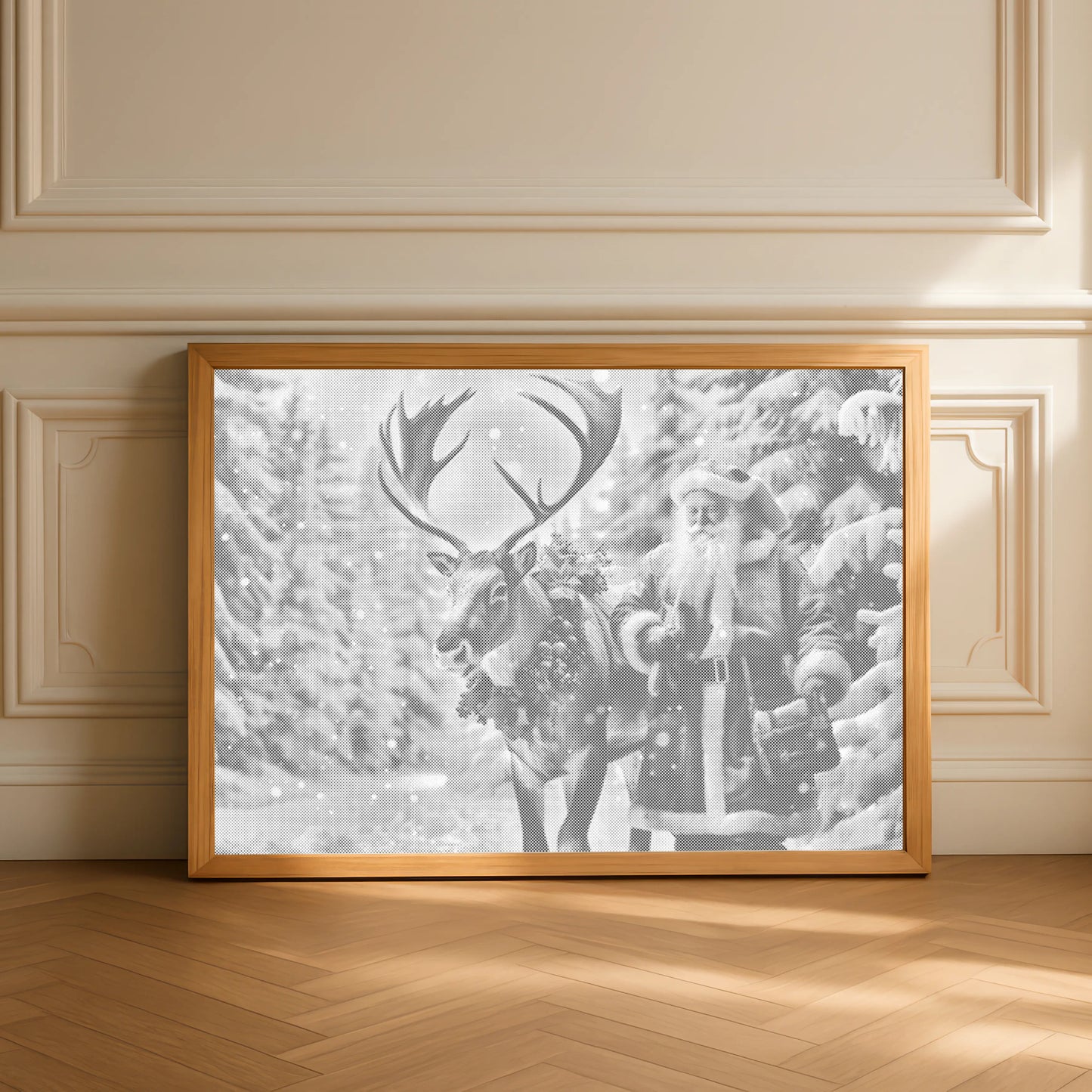 Père Noël et renne dans une forêt enneigée • Peinture par points