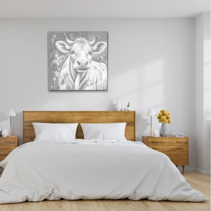 Dot Painting Fröhliche Kuh – Punktmalerei Tiermotiv mit lachender Kuh im Cartoon-Stil