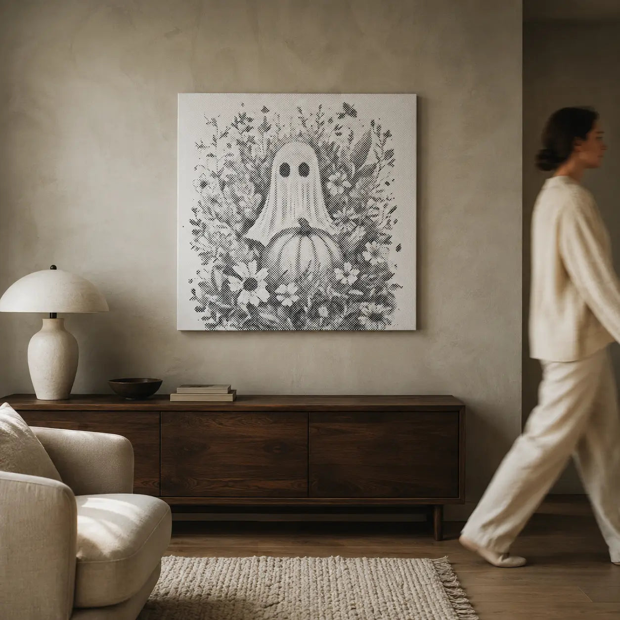 Fantôme avec citrouille et fleurs d’Halloween • Peinture par points