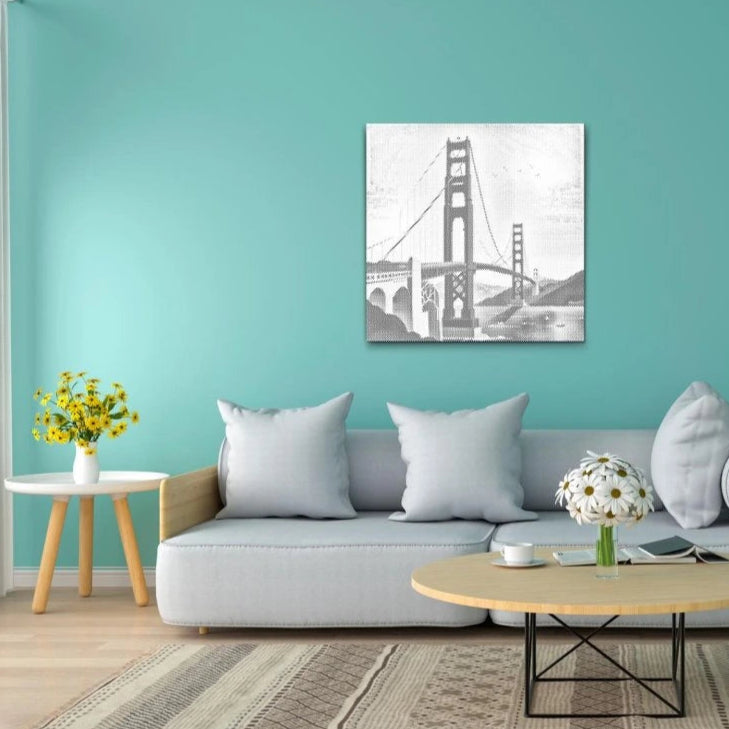 Punktmalerei-Motiv mit berühmter Brücke bei Sonnenuntergang