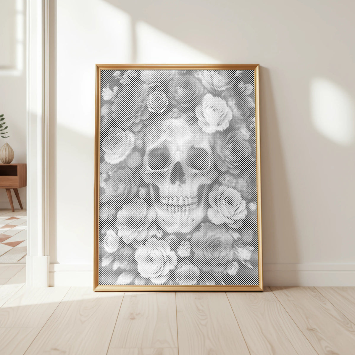 Crâne dans une mer de roses • Peinture par points – peinture par points – vue détaillée
