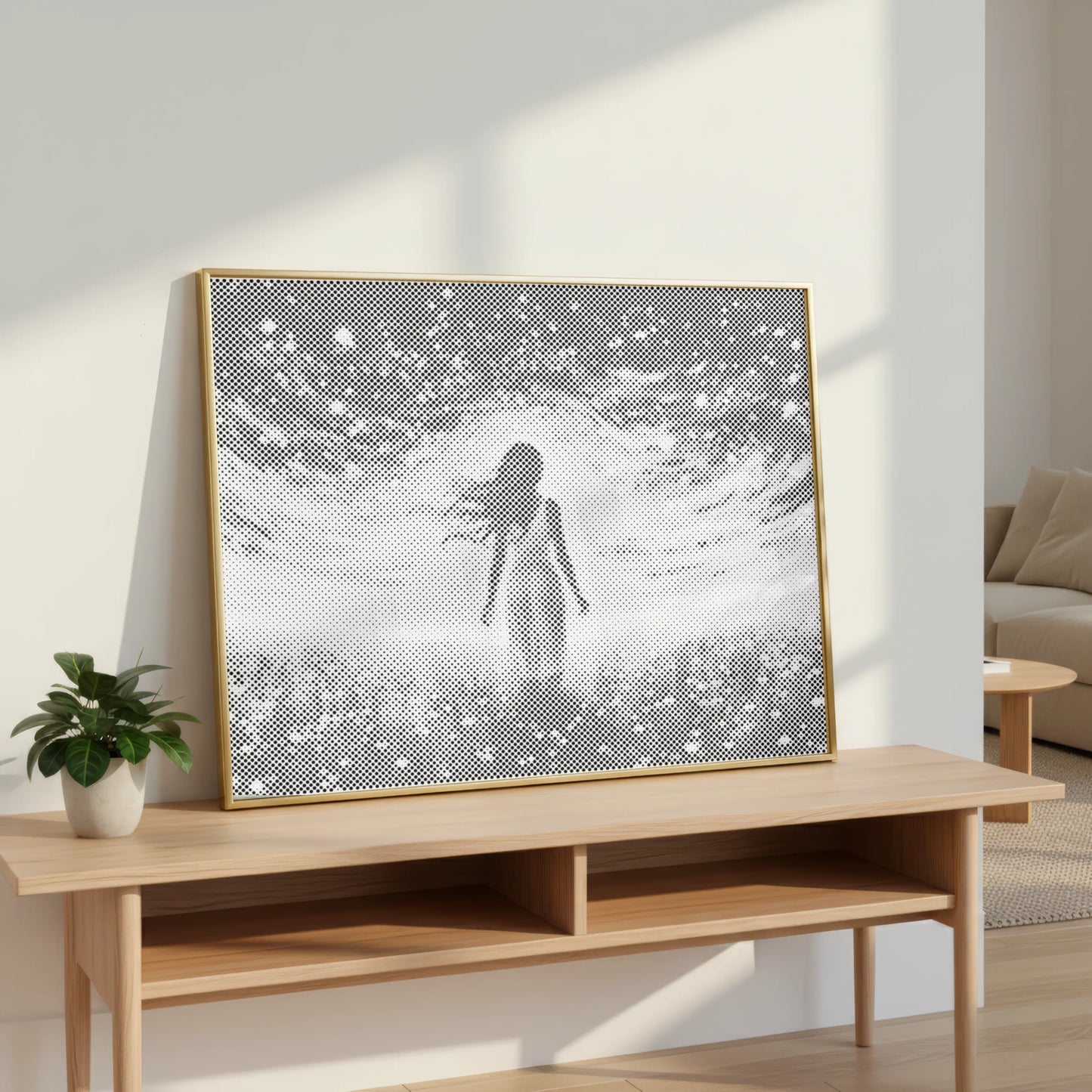 Femme dans un champ de lumière nocturne • Peinture par points