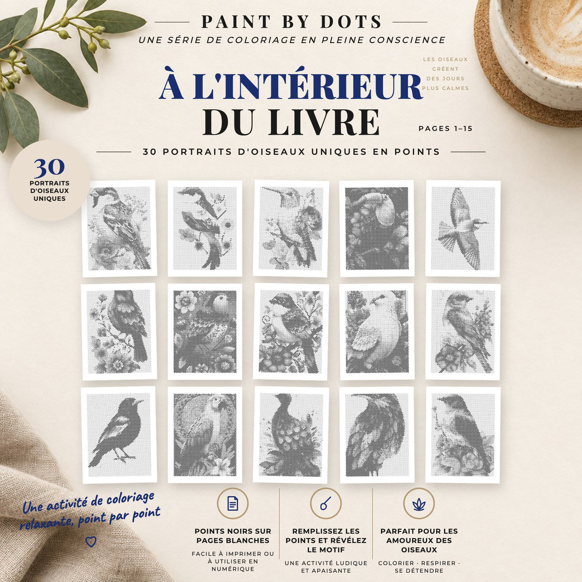 Aperçu des motifs Portraits d'oiseaux de peinture par points à imprimer, pages 1 à 15