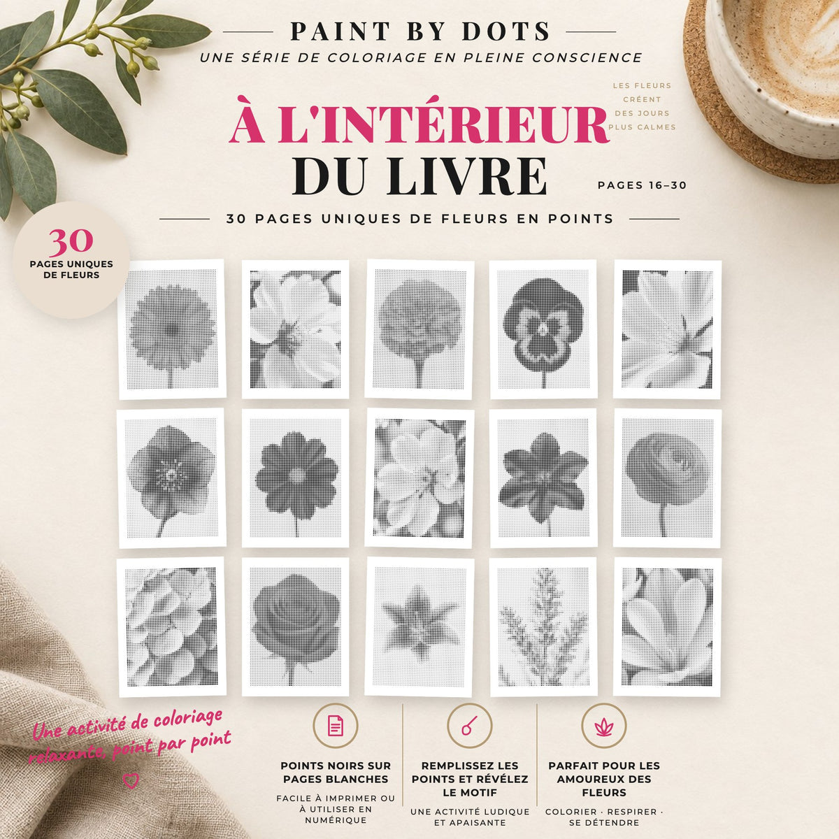 Aperçu des motifs Fleurs de peinture par points à imprimer, pages 16 à 30