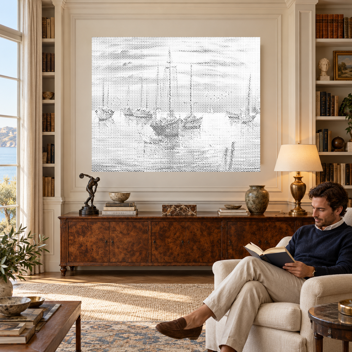 Le port des rêves en peinture par points dans une bibliothèque luxueuse aux murs moulurés, avec un homme assis à proximité lisant un livre.
