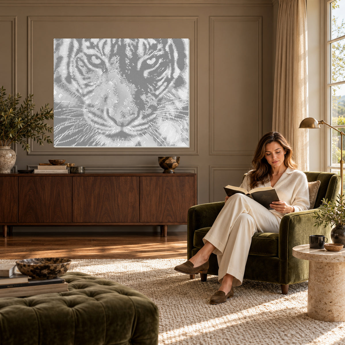 Majesté sauvage: Peinture par points d’un tigre dans un coin lecture aux murs taupe avec moulures et une femme assise à proximité.