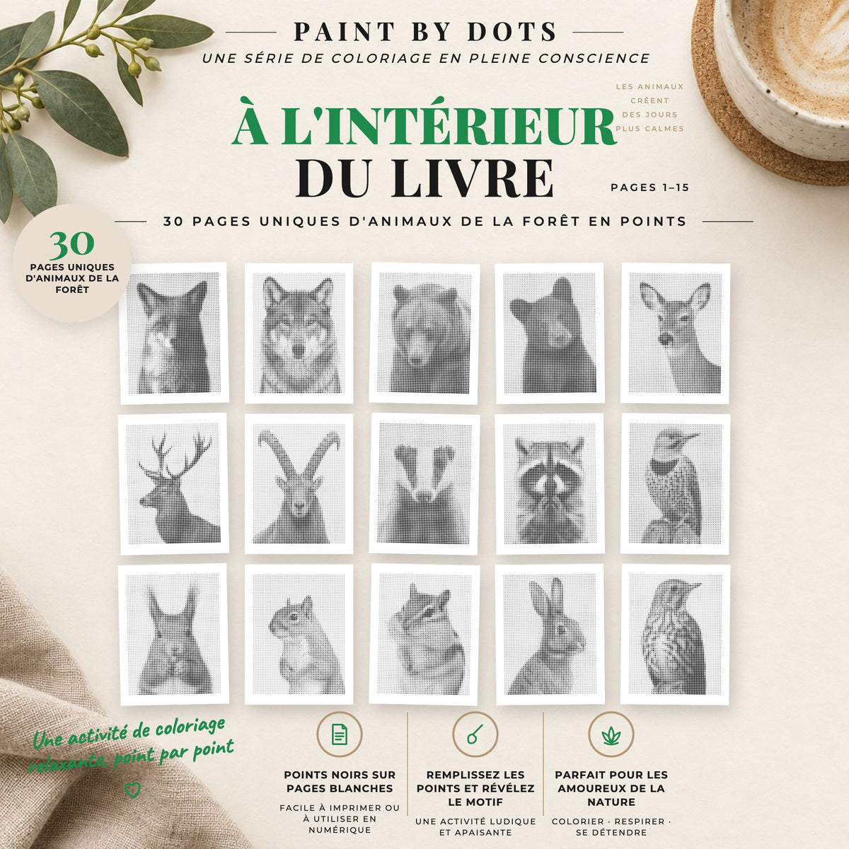 Aperçu des motifs Animaux de la forêt de peinture par points à imprimer, pages 1 à 15