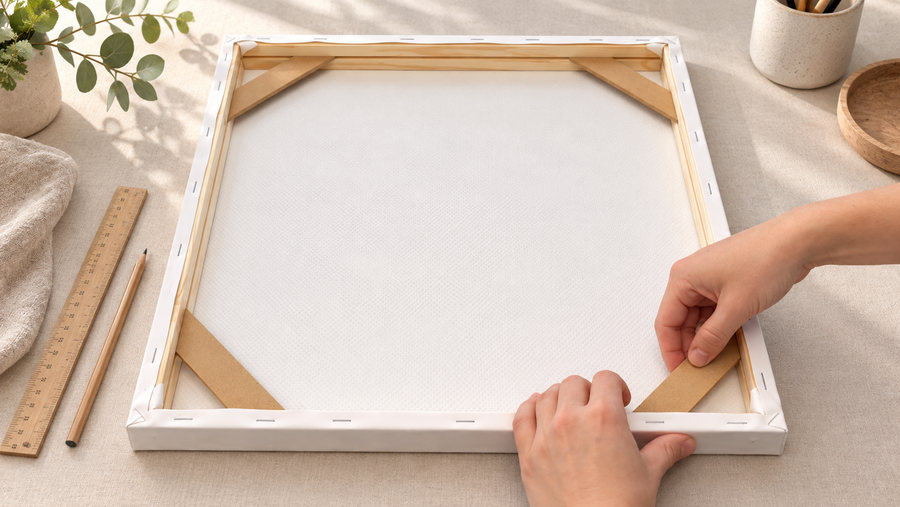 Hands fitting a corner support into a wooden canvas frame on a light worktable
