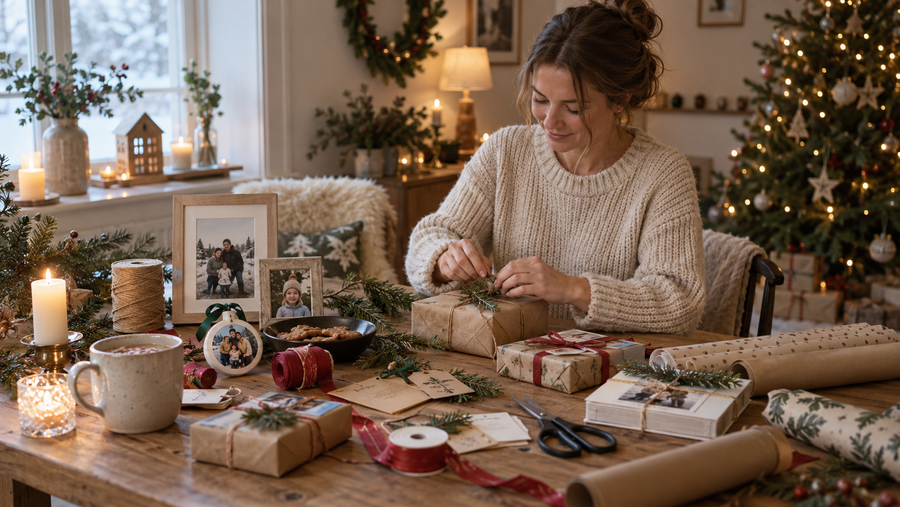 Woman wrapping personalised Christmas gifts at a festive table with family photos and handmade details