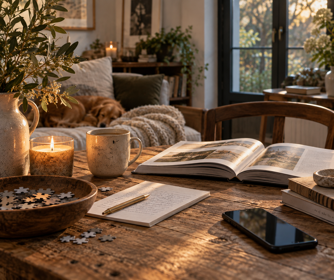 Cozy screen-free evening with books, puzzle, journal, candle and phone set aside