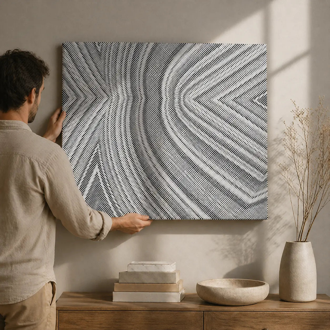man with Abstract Dot Paintings