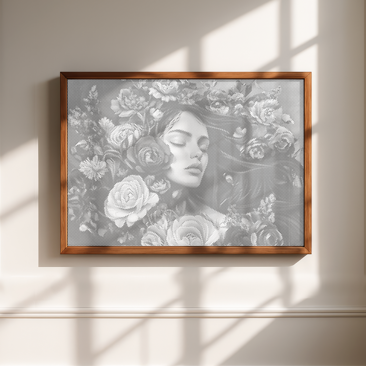 Femme dans une mer de fleurs • Peinture par points en œuvre de peinture par points terminée