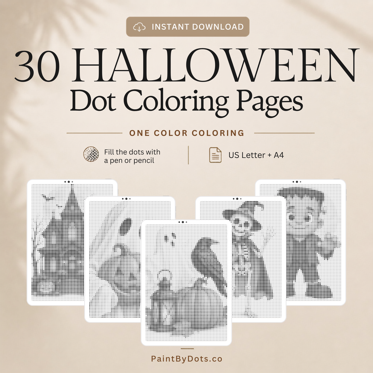 Halloween dot painting book cover with 30 printable designs in PDF and PNG