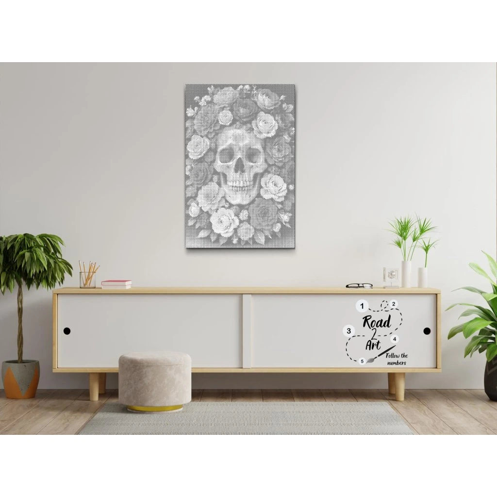 Crâne dans une mer de roses • Peinture par points en œuvre de peinture par points terminée