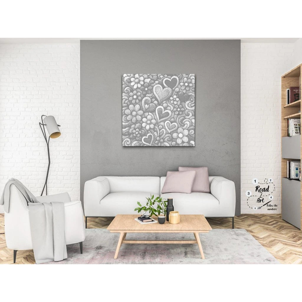 Cœurs et fleurs dessinés • Peinture par points en œuvre de peinture par points terminée