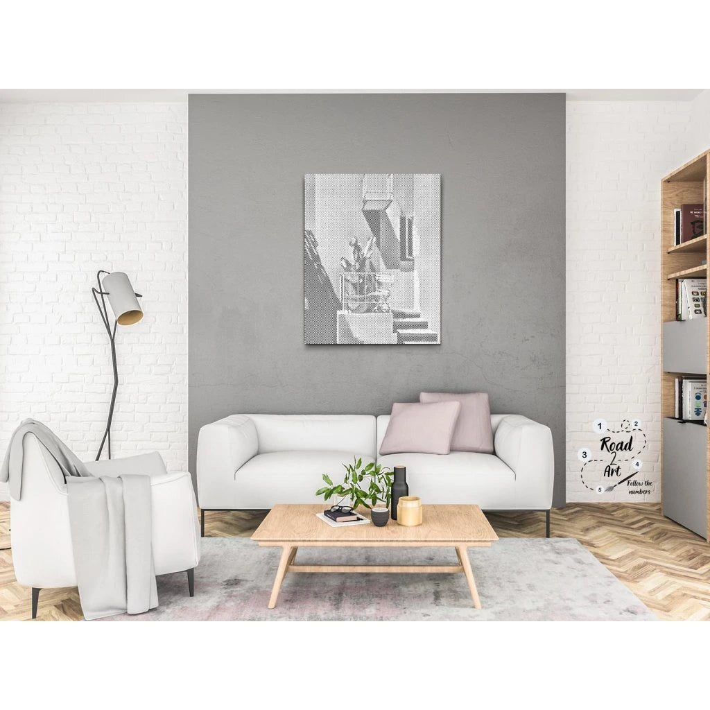 Punktmalerei Leinwand – Balkonfassade mit Schatten und Stufen