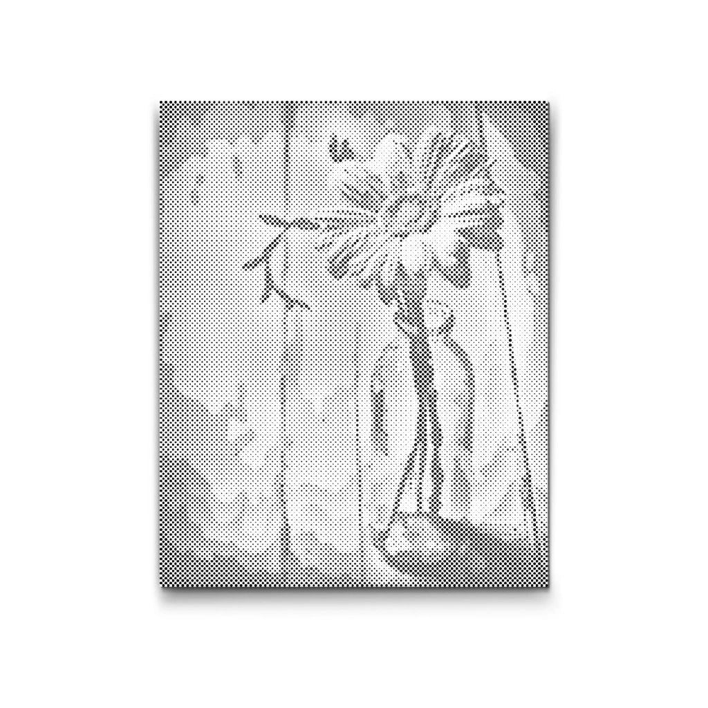 Dot Painting Stillleben: einzelne Blume in Glasvase vor Holzpaneelen