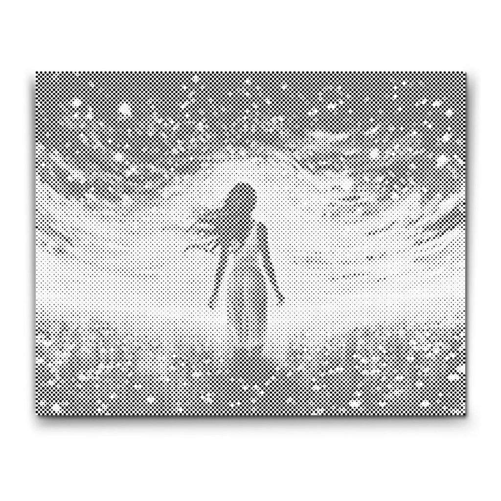 Dot Painting: Silhouette einer Frau im Feld vor wirbelndem Sternenhimmel