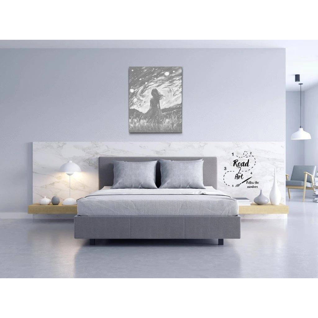 Punktmalerei Leinwand – Nachthimmel mit Sternen, Mädchen blickt nach oben