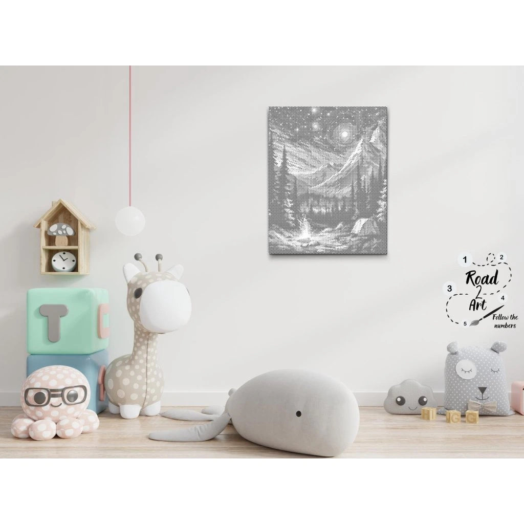 Punktmalerei Leinwand: Berge im Mondlicht, Feuer im Vordergrund