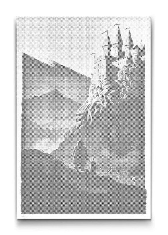 Harry Potter, vue sur Poudlard • Peinture par points en œuvre de peinture par points terminée