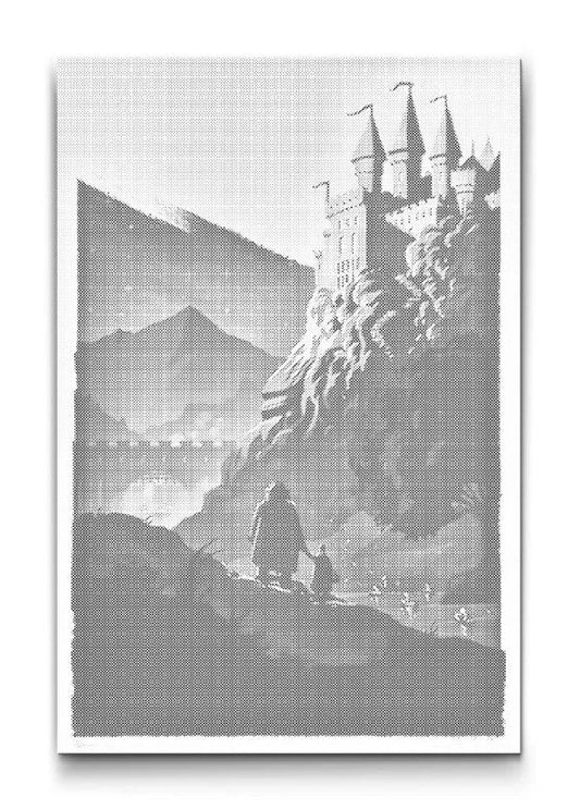 Lizenziertes Dot Painting: HOGWARTS™ Schloss über Felsen im Nebel