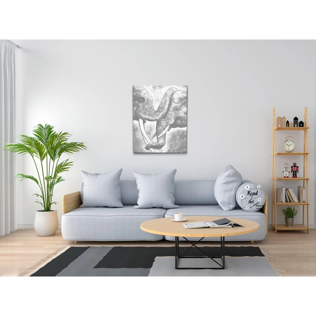 Dot Painting: zwei Elefanten, Rüssel verschlungen – Nahaufnahme