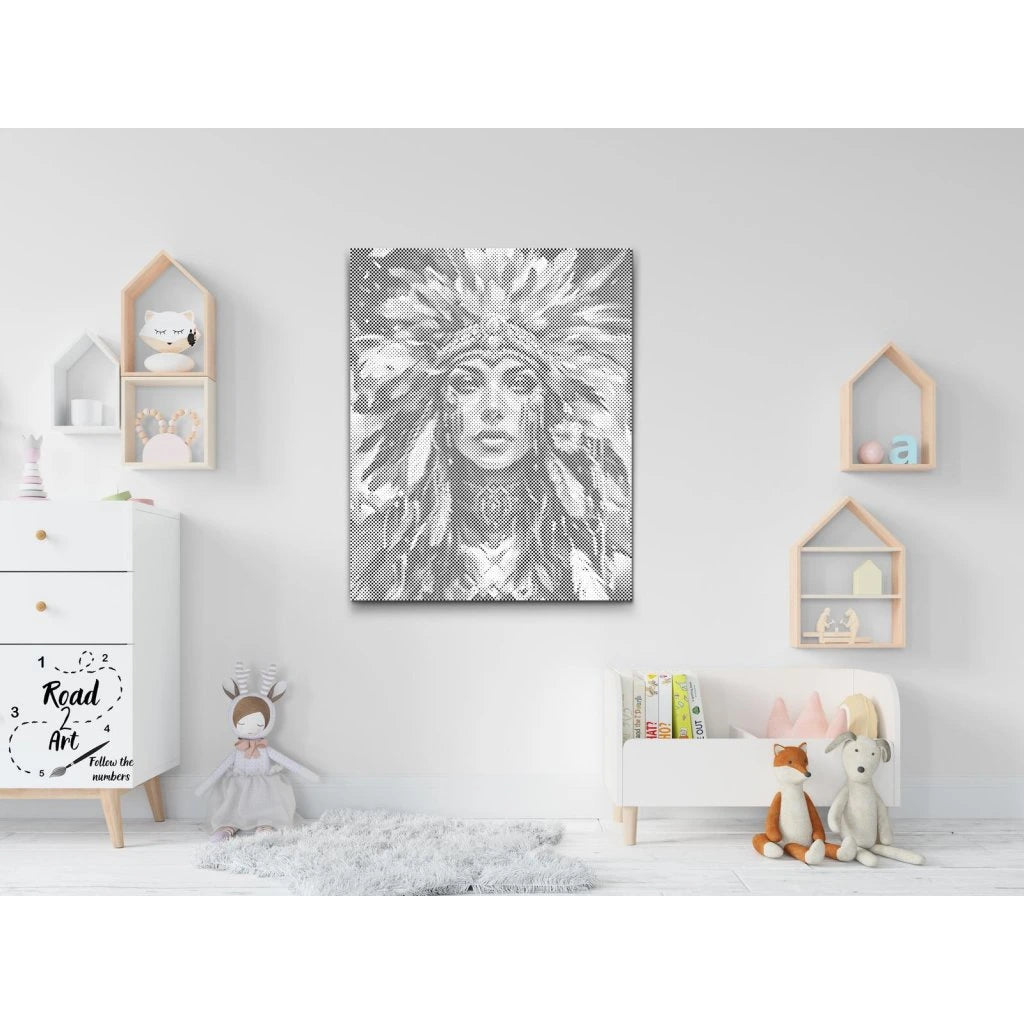 Punktmalerei Leinwand – feminines Gesicht mit Federschmuck