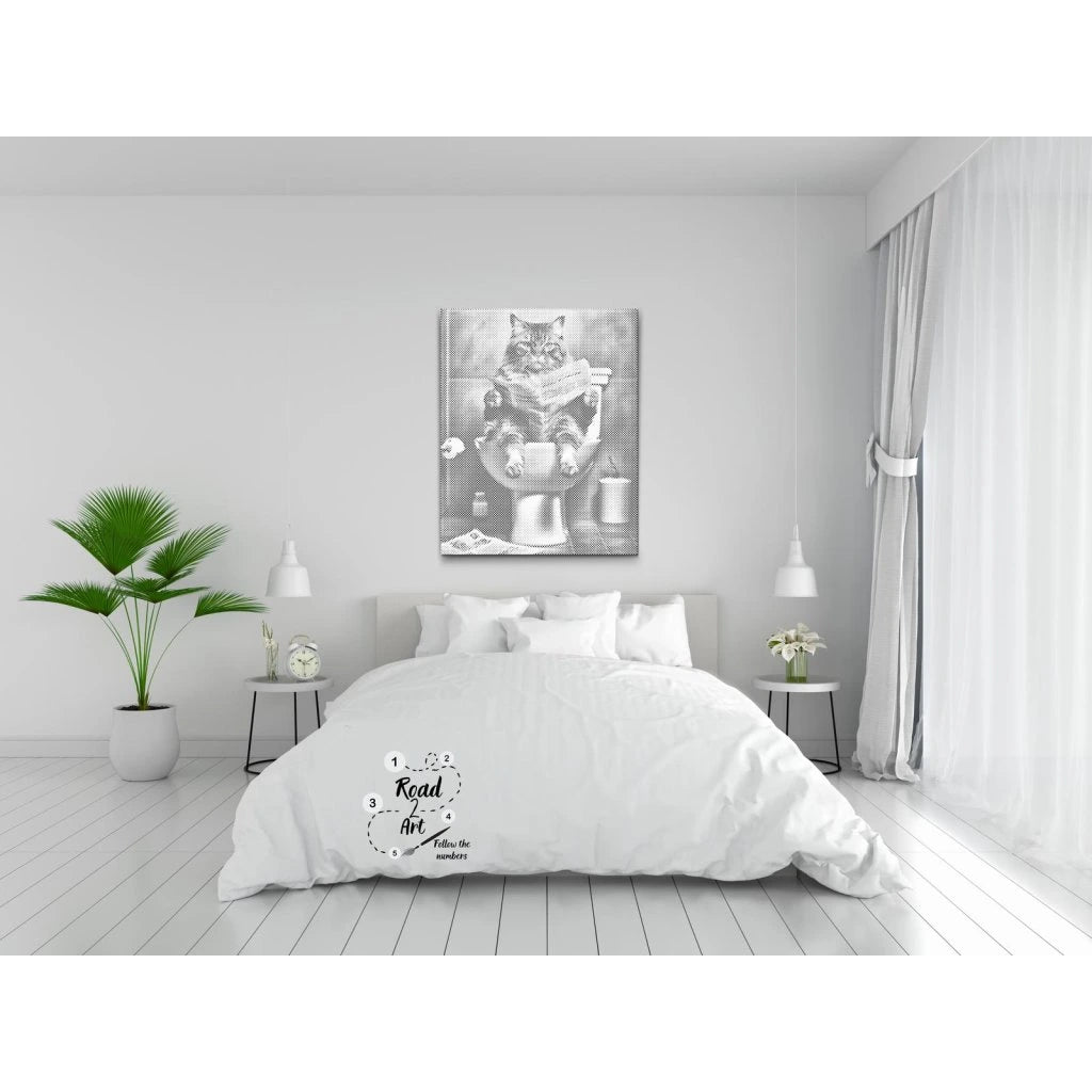 Punktmalerei Leinwand – Katze mit Buch auf dem WC, humorvolle Wanddeko