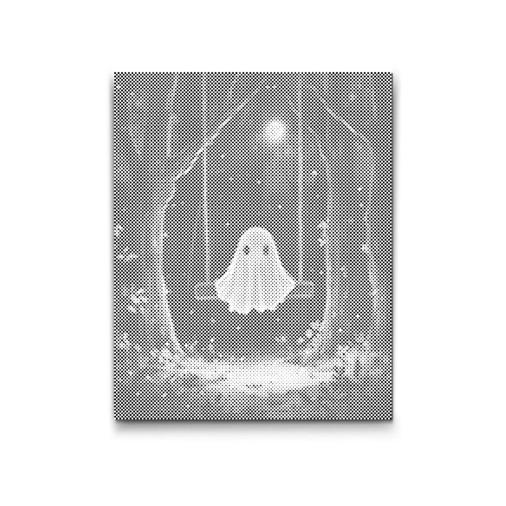 Dot Painting: kleines Gespenst auf Schaukel im nächtlichen Wald