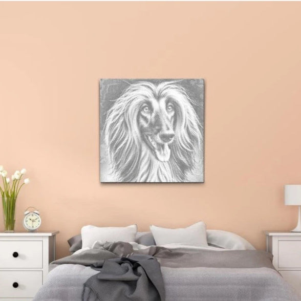 Dot Painting Afghanischer Windhund – Wandbild mit langhaarigem Afghane in eleganter Haltung