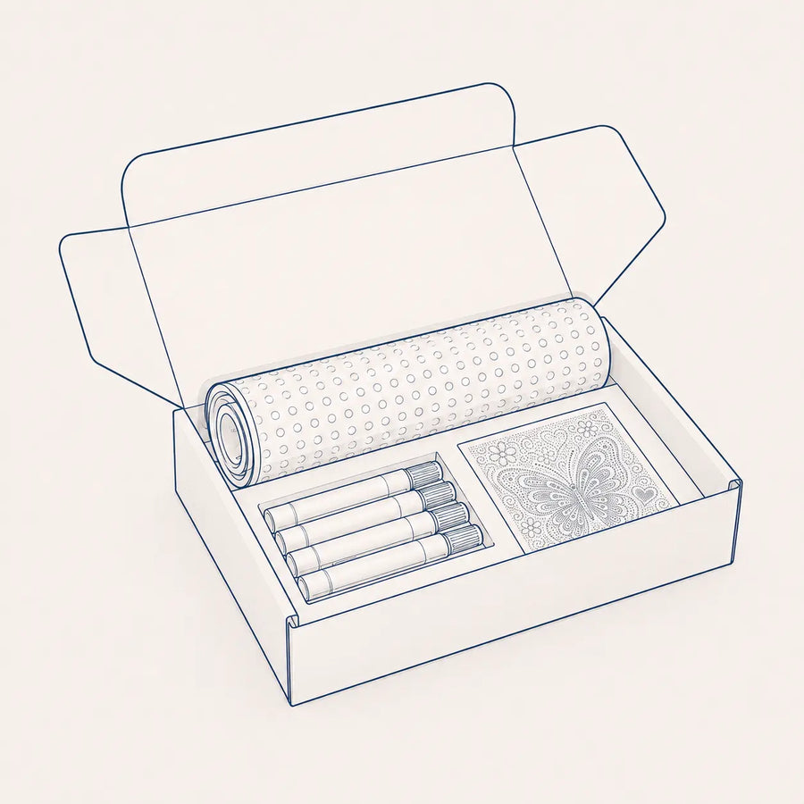 Une boîte de kit Paint By Dots ouverte avec toile et marqueurs