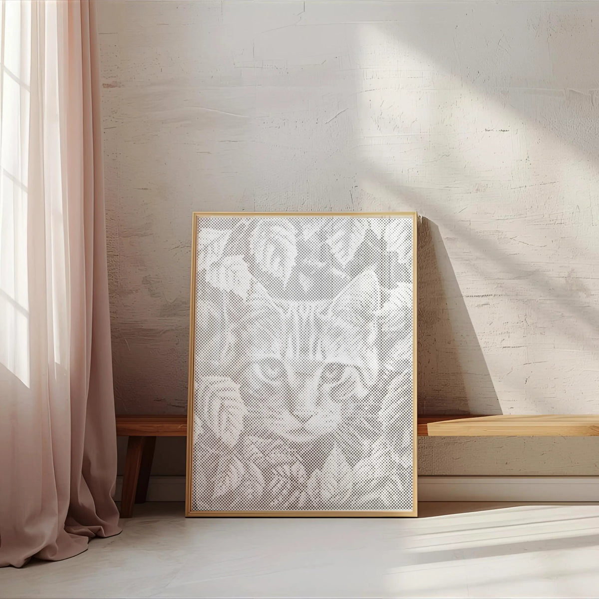 Chat jouant avec les feuilles • Peinture par points en œuvre de peinture par points terminée