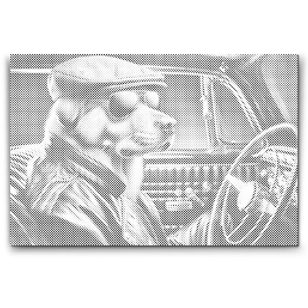 Dot Painting eines coolen Hundes mit Sonnenbrille am Steuer – witziges Motiv für kreative Wanddeko.