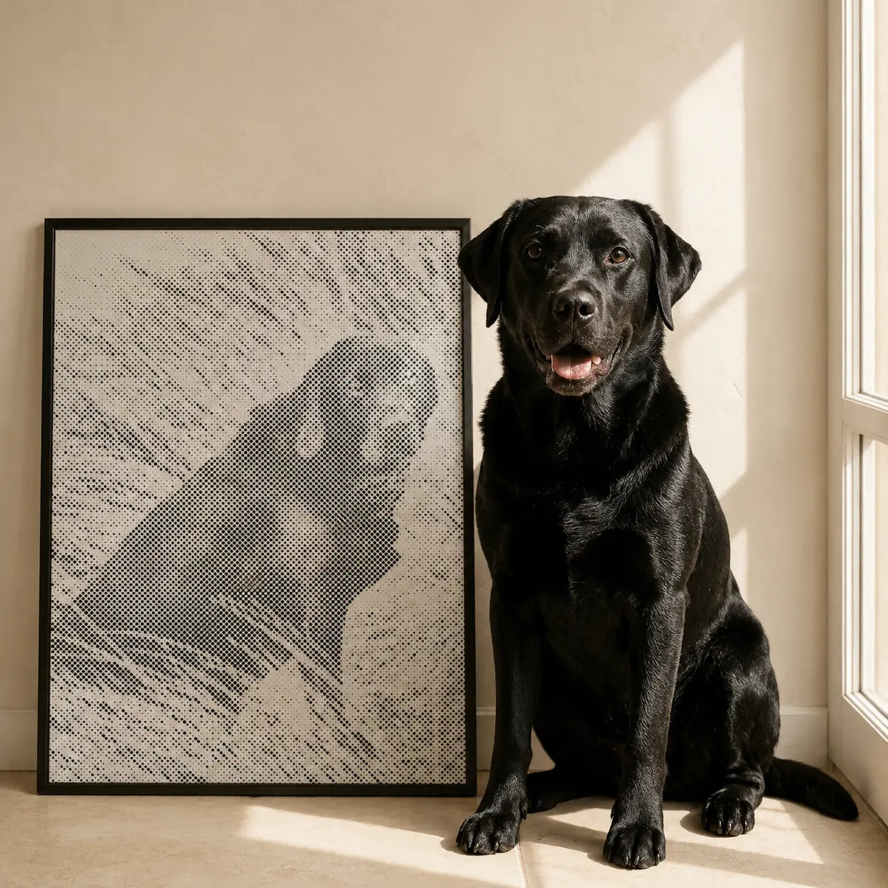 Photo transformée en peinture par points avec chien à côté de l’œuvre terminée