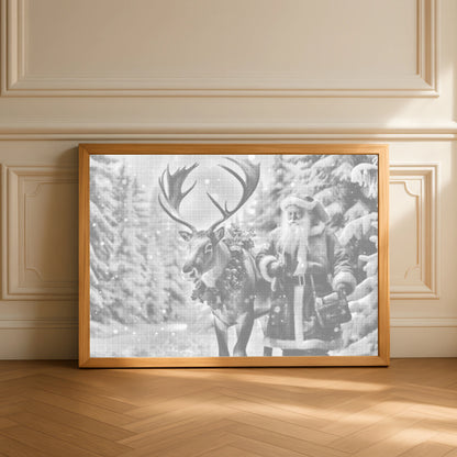 Père Noël et renne dans une forêt enneigée • Peinture par points