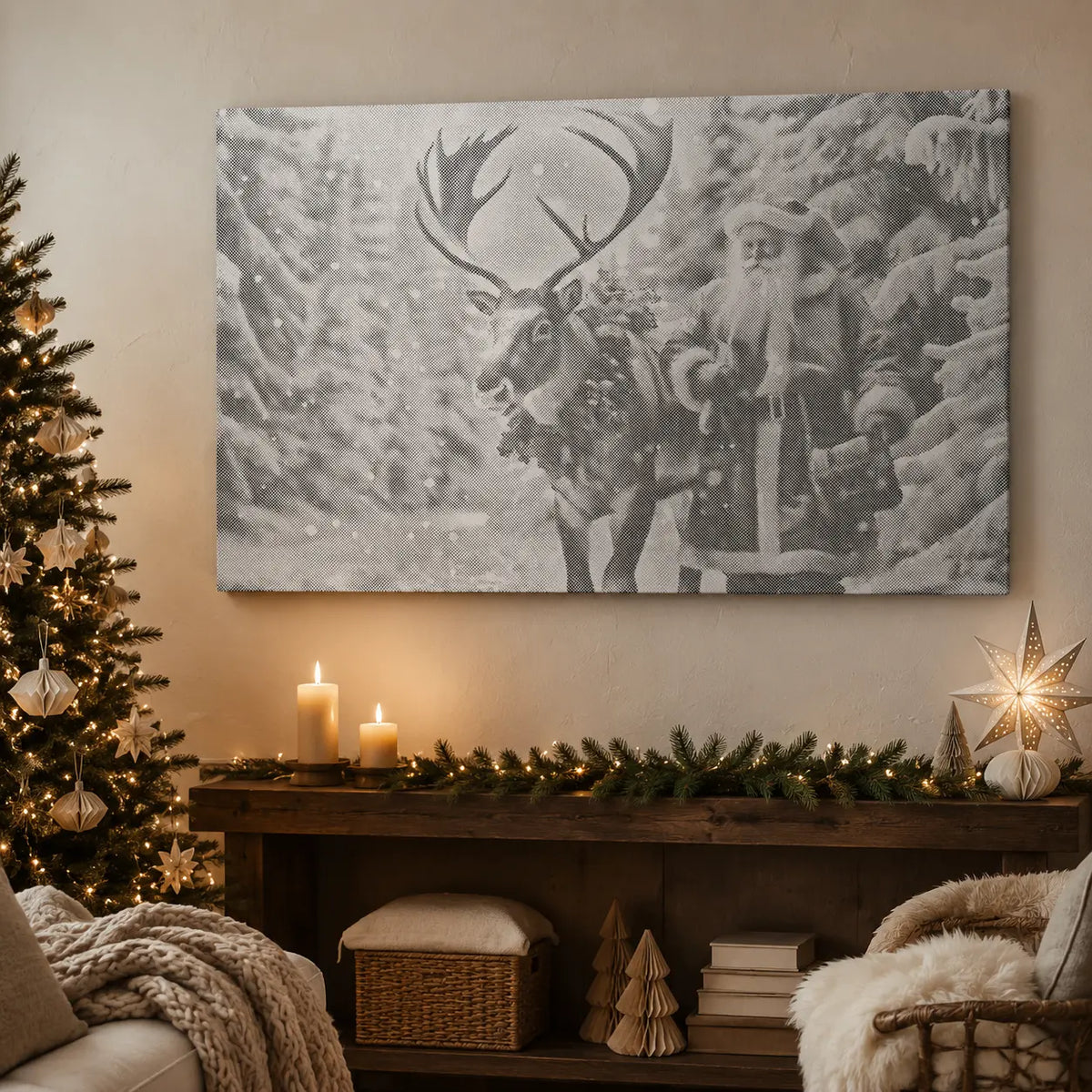 Père Noël et renne dans une forêt enneigée • Peinture par points en œuvre de peinture par points terminée
