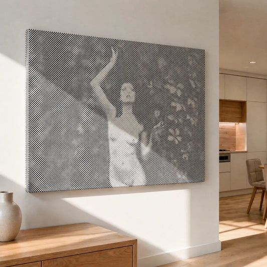 Modern interior with a decorative wall panel featuring a stylized dancer. Figure Art Dot Painting Kits