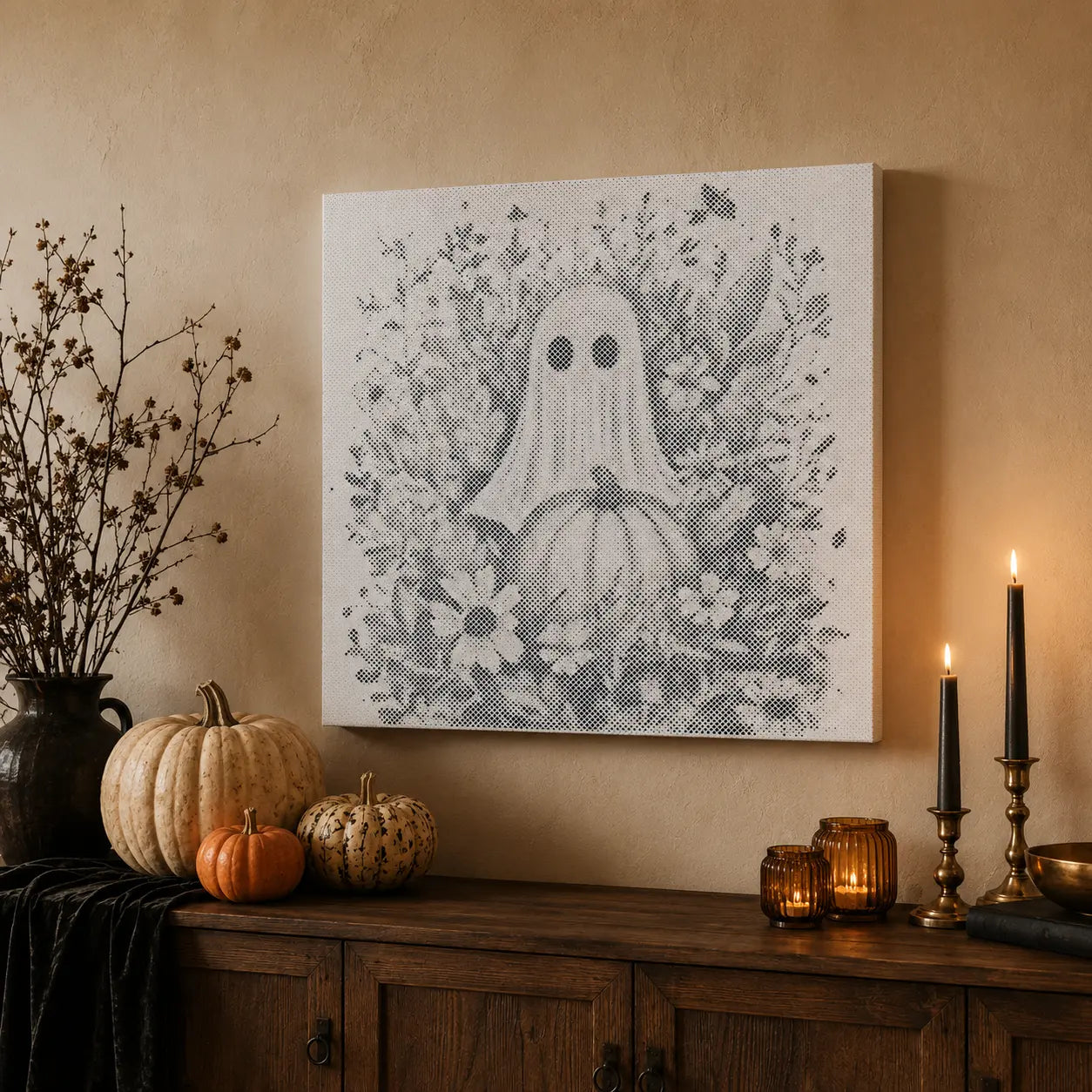 Fantôme avec citrouille et fleurs d’Halloween • Peinture par points