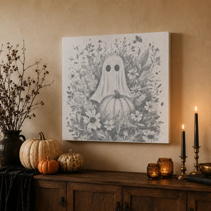 Fantôme avec citrouille et fleurs d’Halloween • Peinture par points