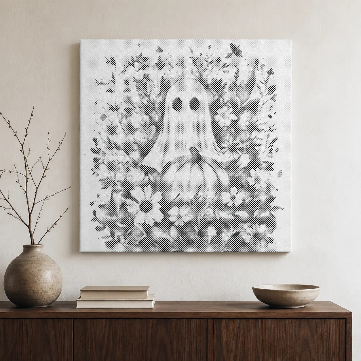 Fantôme avec citrouille et fleurs d’Halloween • Peinture par points