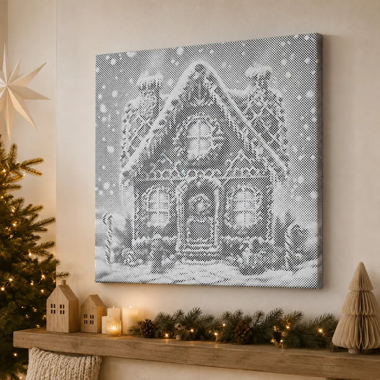 A square canvas wall art print showing a snowy house in black-and-white pixelated style, displayed above a wooden mantel with holiday decor including a lit candle, pinecones, a small paper tree, and a star ornament.