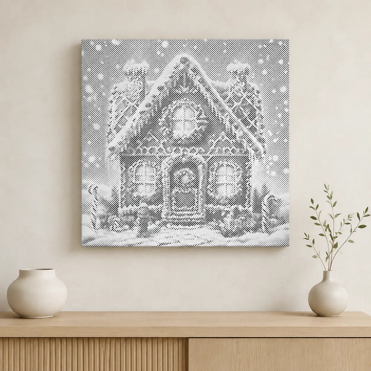 Maison en pain d’épice sous la neige • Peinture par points en œuvre de peinture par points terminée