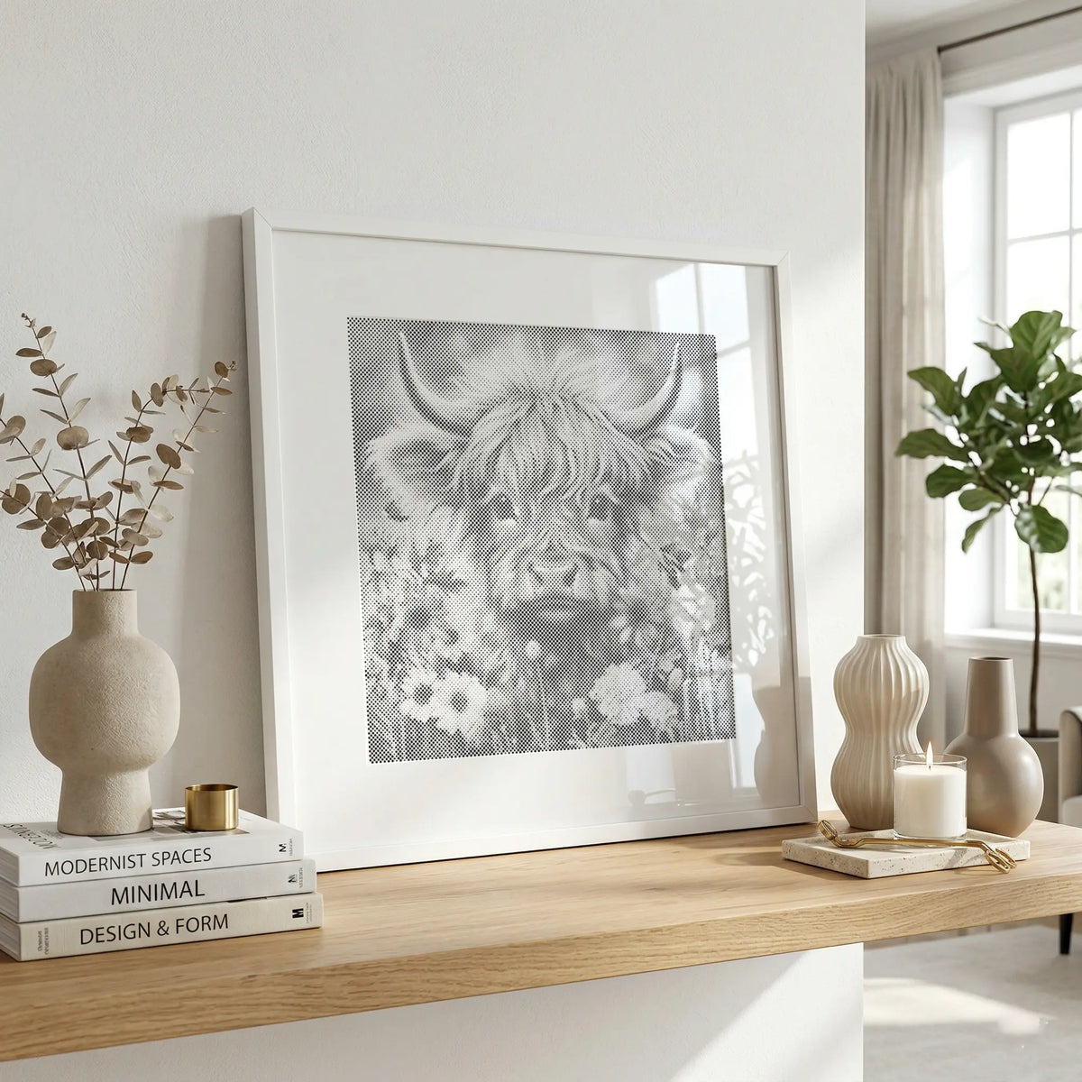 Vache Highland dans un champ de fleurs • Peinture par points en œuvre de peinture par points terminée