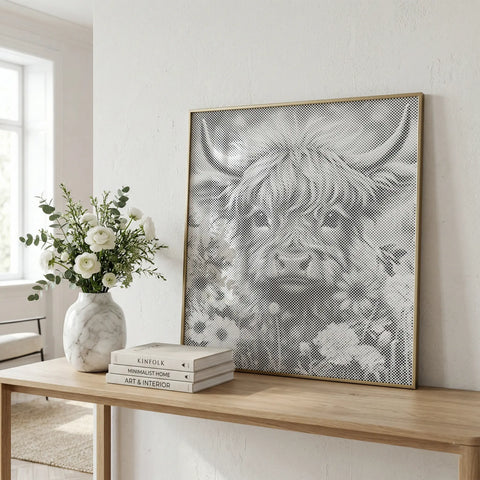 Vache Highland dans un champ de fleurs • Peinture par points