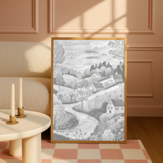 Paysage idyllique avec maisons • Peinture par points